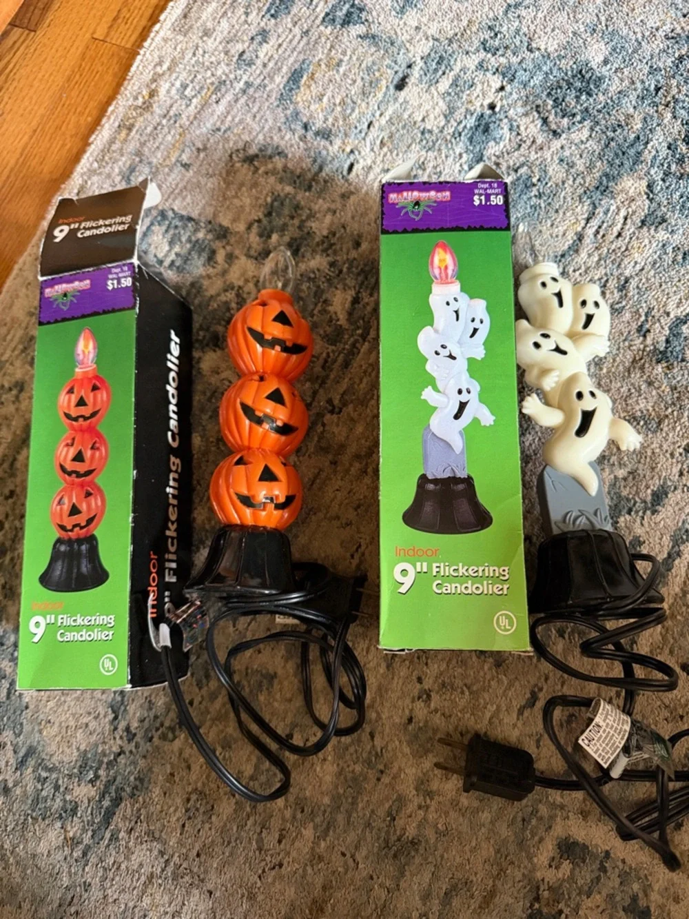 2 Vtg Blow Mold Electric Halloween Candlesticks Pumpkins & Ghosts